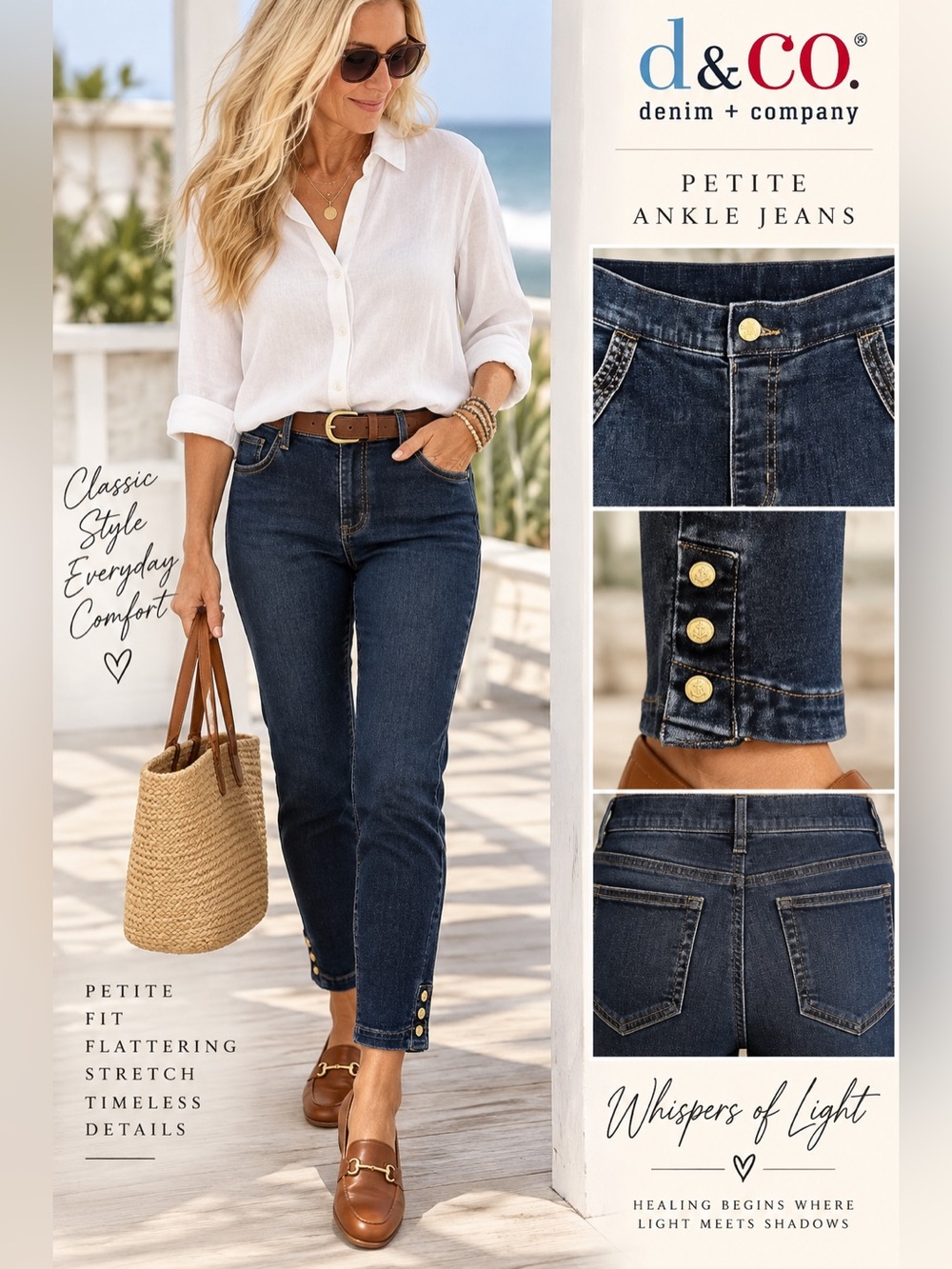 Denim & Co 2P Dark Wash Petite Ankle Jeans Gold Button Hem Stretch